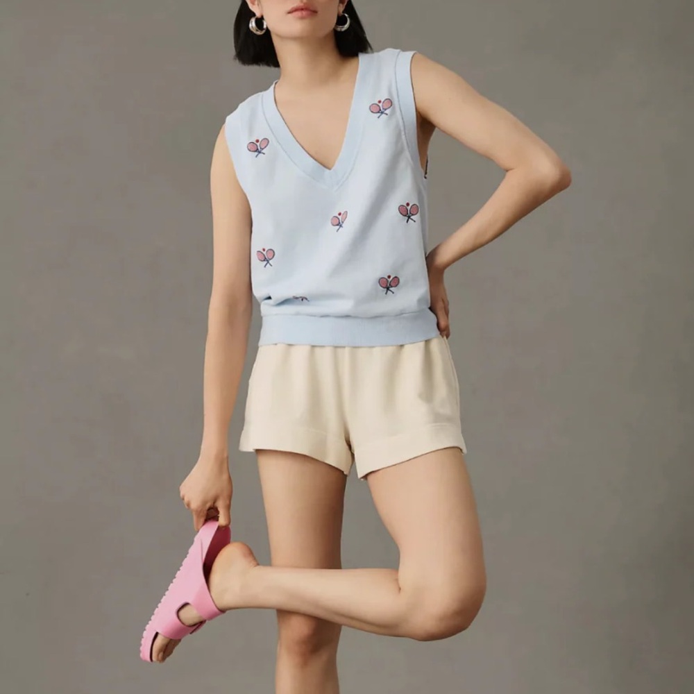 Anthropologie T.La Light Blue Embroidered Sleeveless V-neck Sweatshirt Top Large